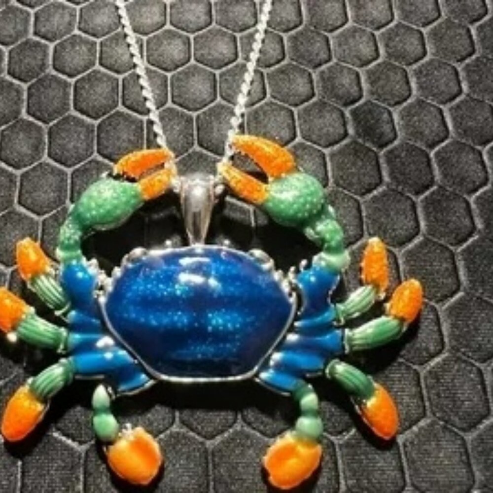 Crab Necklace Orange, Aqua, and Blue 18K White Gold Plated